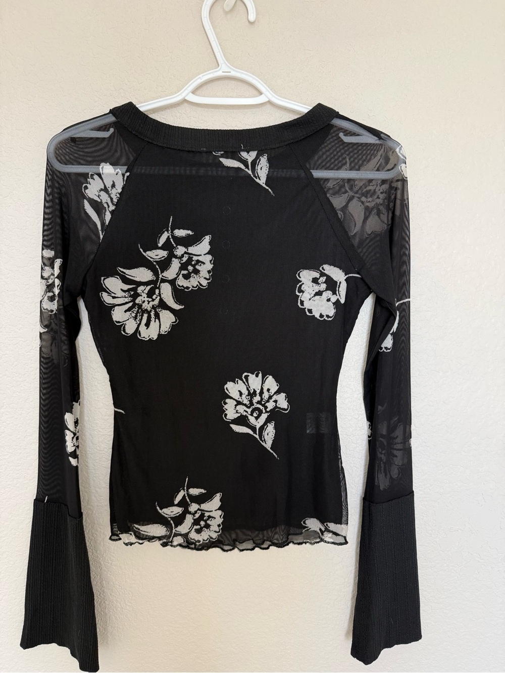 Black Floral Mesh Long-Sleeve Top